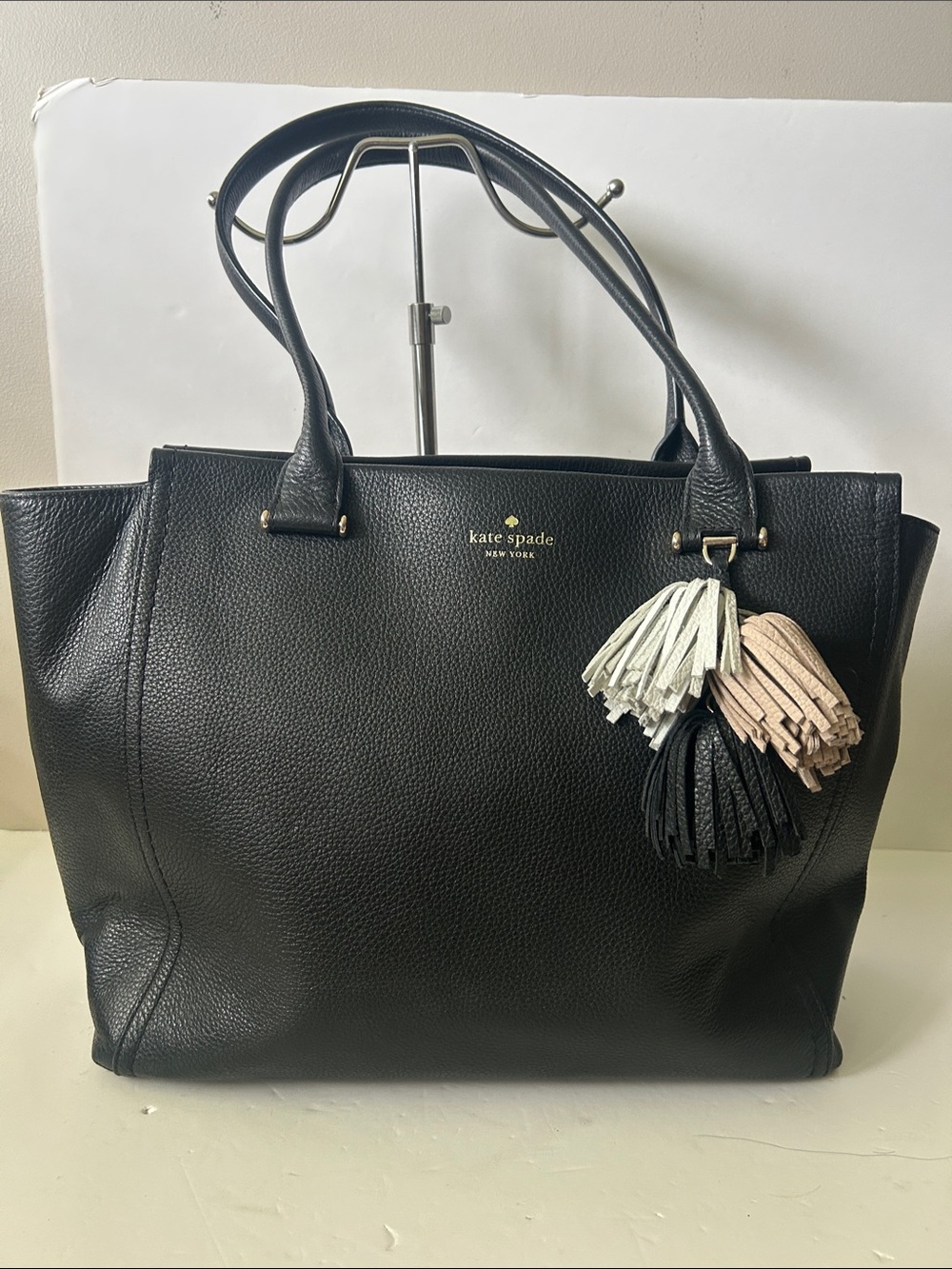kate spade Black Pebbled Leather Tote with Multicolor Tassel Charm Minimalist